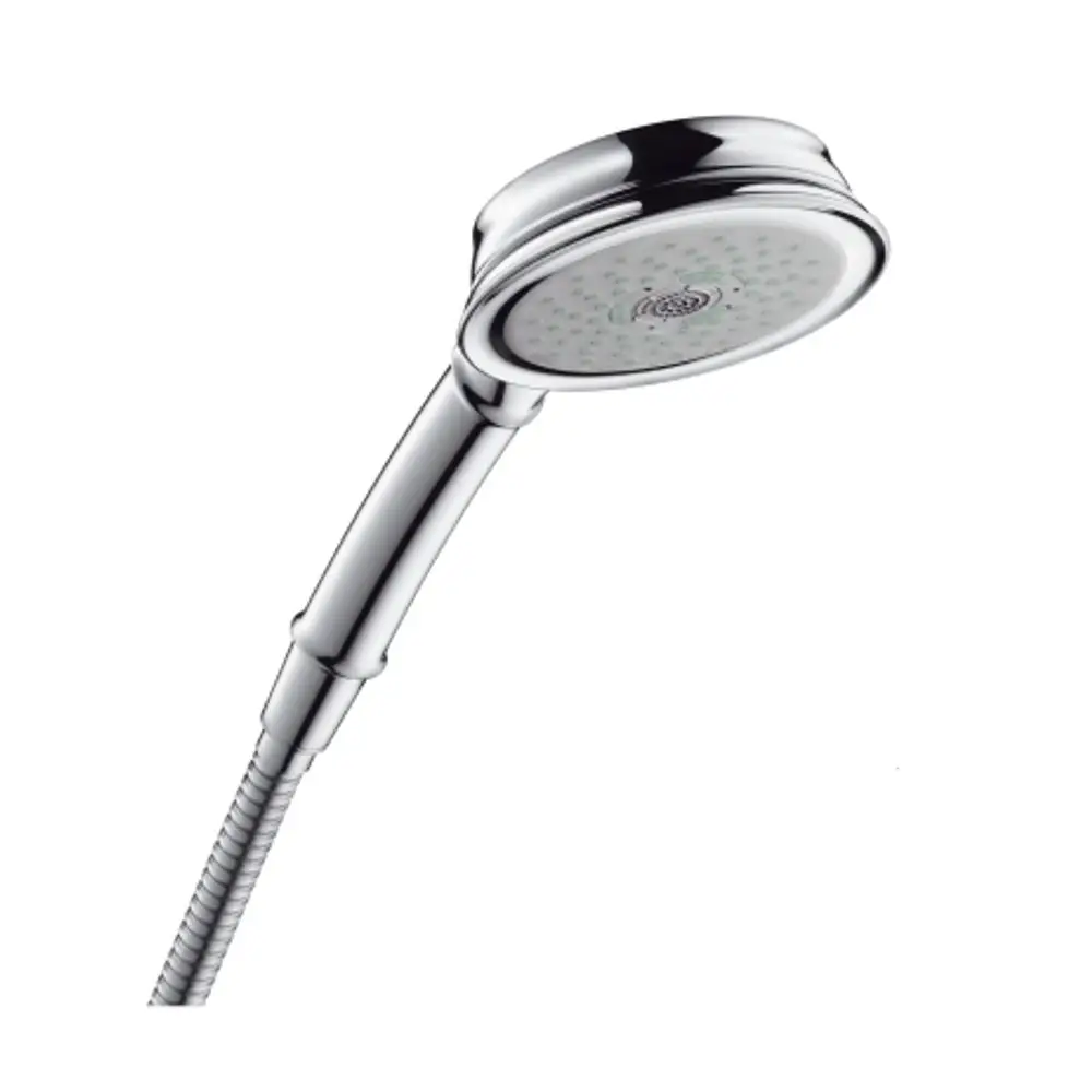 Handbrause mit rundem Kopf und flexibler Schlauchführung, verchromt. Hansgrohe-Logo auf der Oberseite sichtbar, mit mehreren kleinen Düsen im Sprühkopf.